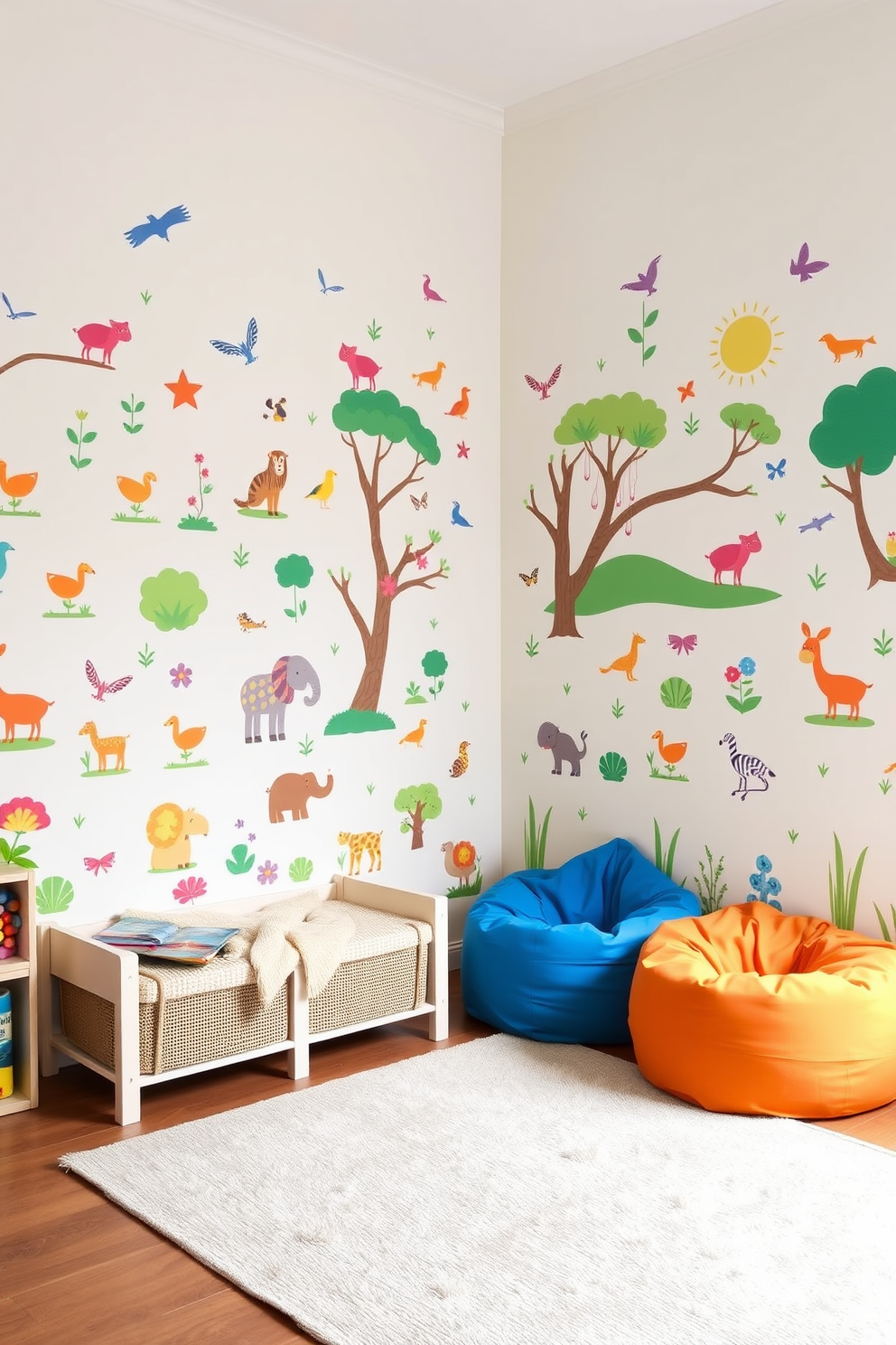 Create a vibrant and playful summer playroom filled with removable wall decals featuring colorful animals and nature scenes. The room includes a soft, oversized area rug and a cozy reading nook with bean bags in bright colors.