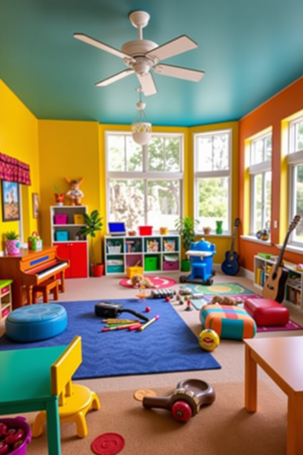 A vibrant summer playroom filled with colorful furnishings and playful decor. In one corner, a music area features a small piano, a guitar, and a collection of percussion instruments, inviting creativity and fun. The walls are painted in bright, cheerful colors, and soft rugs cover the floor for comfort. Large windows let in natural light, creating an inviting atmosphere for play and music-making.