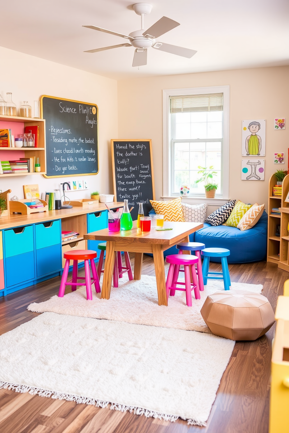 A vibrant science experiment station is designed with a large wooden table at the center, surrounded by colorful stools. Shelves filled with test tubes, beakers, and science books line the walls, while a chalkboard displays fun experiment ideas. The summer playroom is bright and cheerful, featuring a cozy reading nook with plush bean bags and colorful cushions. Walls are adorned with playful artwork, and a soft rug anchors the space, inviting children to play and explore.