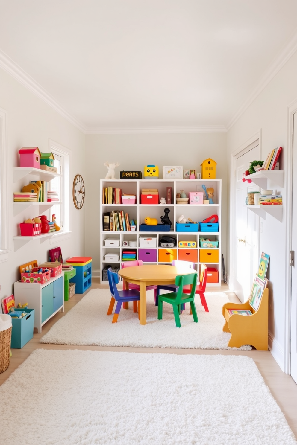 A bright and cheerful playroom filled with natural light. The walls are painted in a soft pastel color, and the floor is covered with a soft, plush rug. In one corner, there's a small wooden table surrounded by colorful chairs, perfect for games and crafts. Shelves on the walls are filled with toys, art supplies, and books, creating a fun and inviting atmosphere.