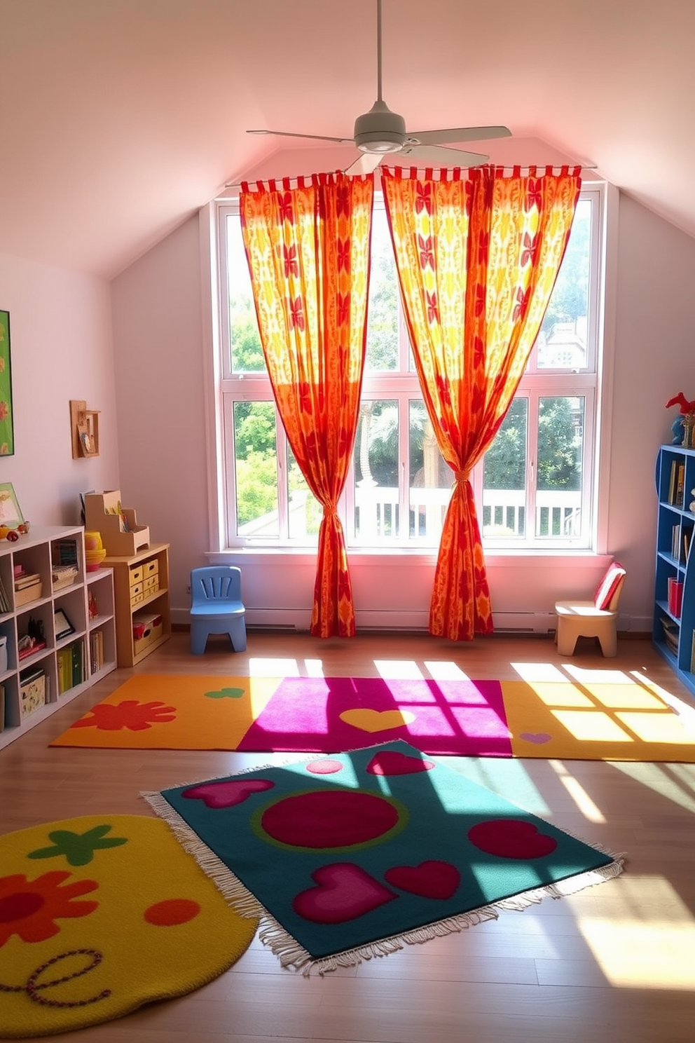 A bright and cheerful playroom filled with natural light. The windows are adorned with vibrant, patterned curtains that flutter gently in the breeze. Colorful rugs spread across the floor, providing a soft area for children to play. Shelves are filled with an array of toys and books, creating an inviting and fun atmosphere.