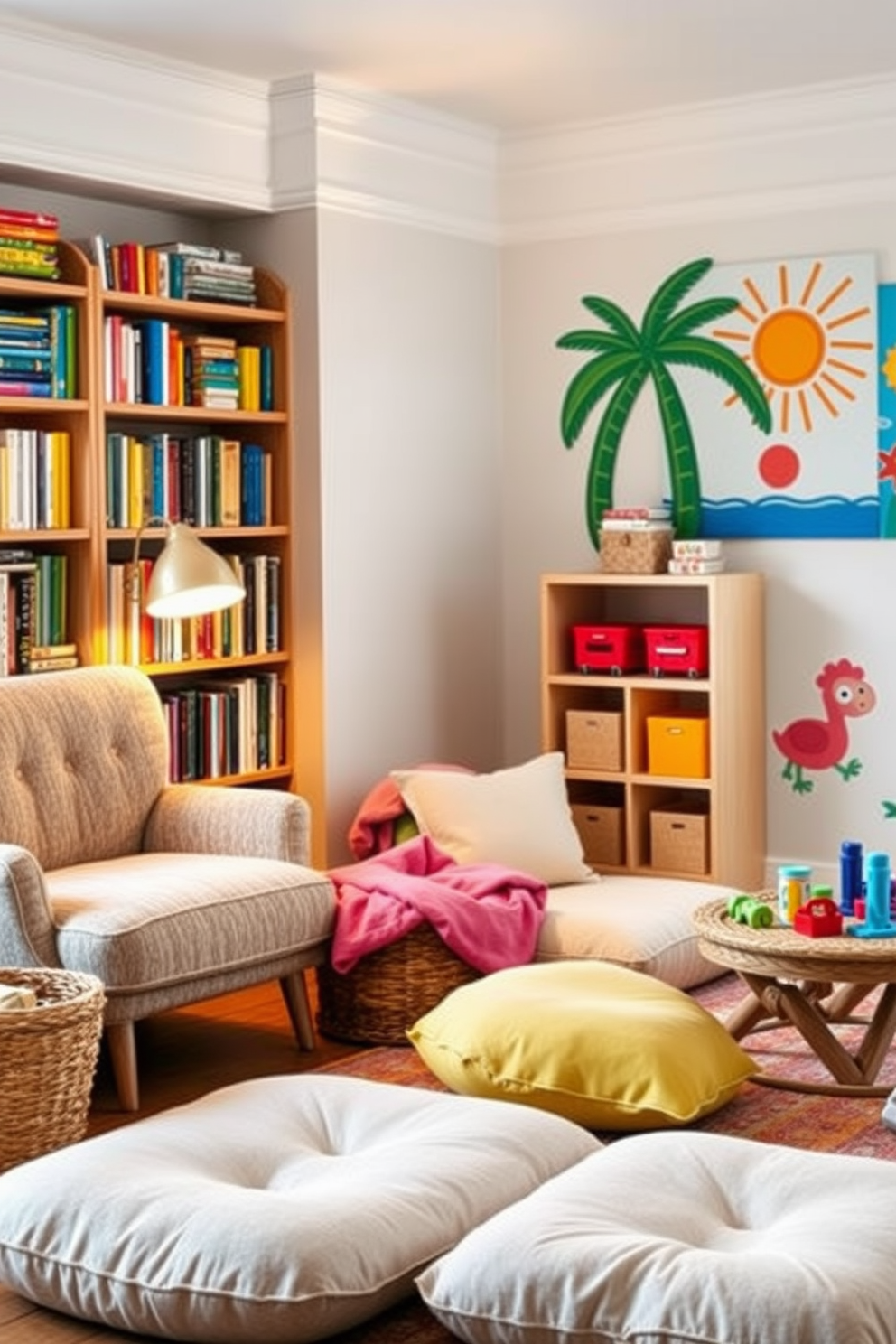 A cozy reading corner featuring a plush armchair upholstered in soft, textured fabric positioned next to a tall bookshelf filled with colorful books. A warm floor lamp casts a gentle glow, and a woven basket sits nearby, filled with cozy blankets and cushions for added comfort. A vibrant summer playroom decorated with playful wall art and bright, cheerful colors. Soft, oversized floor cushions create a fun seating area, while a low table holds an array of toys and games for endless entertainment.