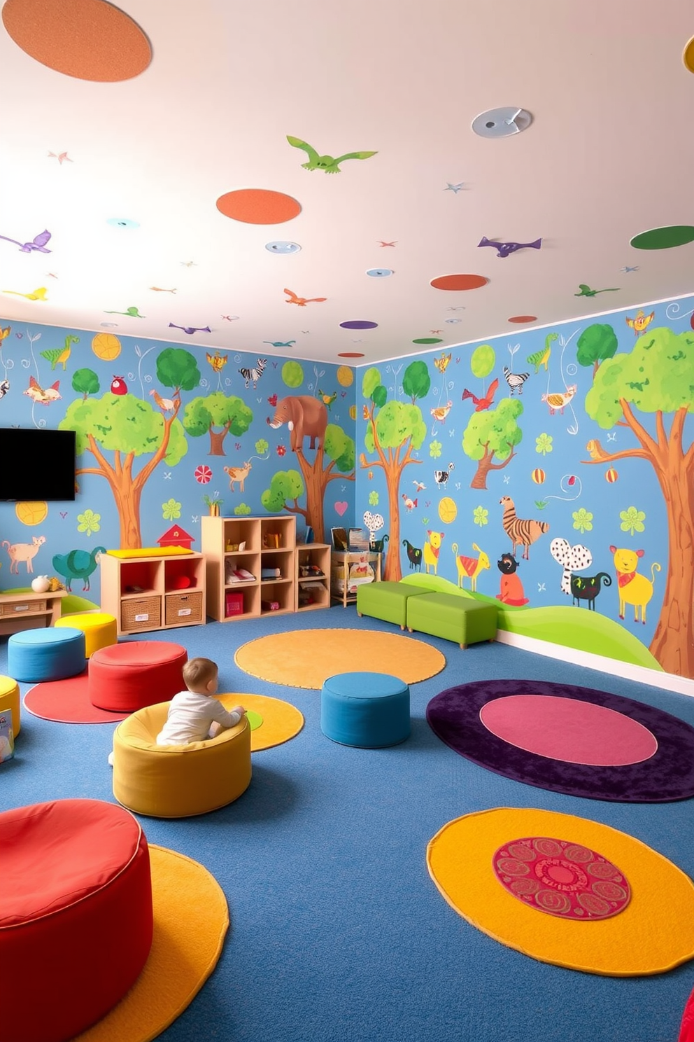 A vibrant playroom filled with playful wallpaper featuring whimsical designs of animals and trees. The room is adorned with colorful rugs and soft seating areas, creating a fun and inviting atmosphere for children to explore and play.