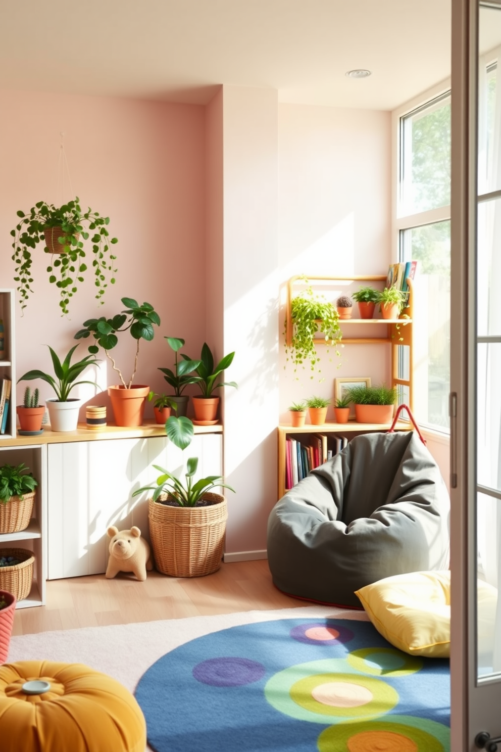 A vibrant summer playroom filled with natural light and playful colors. The walls are painted in a soft pastel hue, and the floor is covered with a soft, colorful rug. In one corner, there's a small indoor garden space featuring potted plants and hanging greenery. A cozy reading nook with a bean bag chair and shelves filled with books adds a whimsical touch.