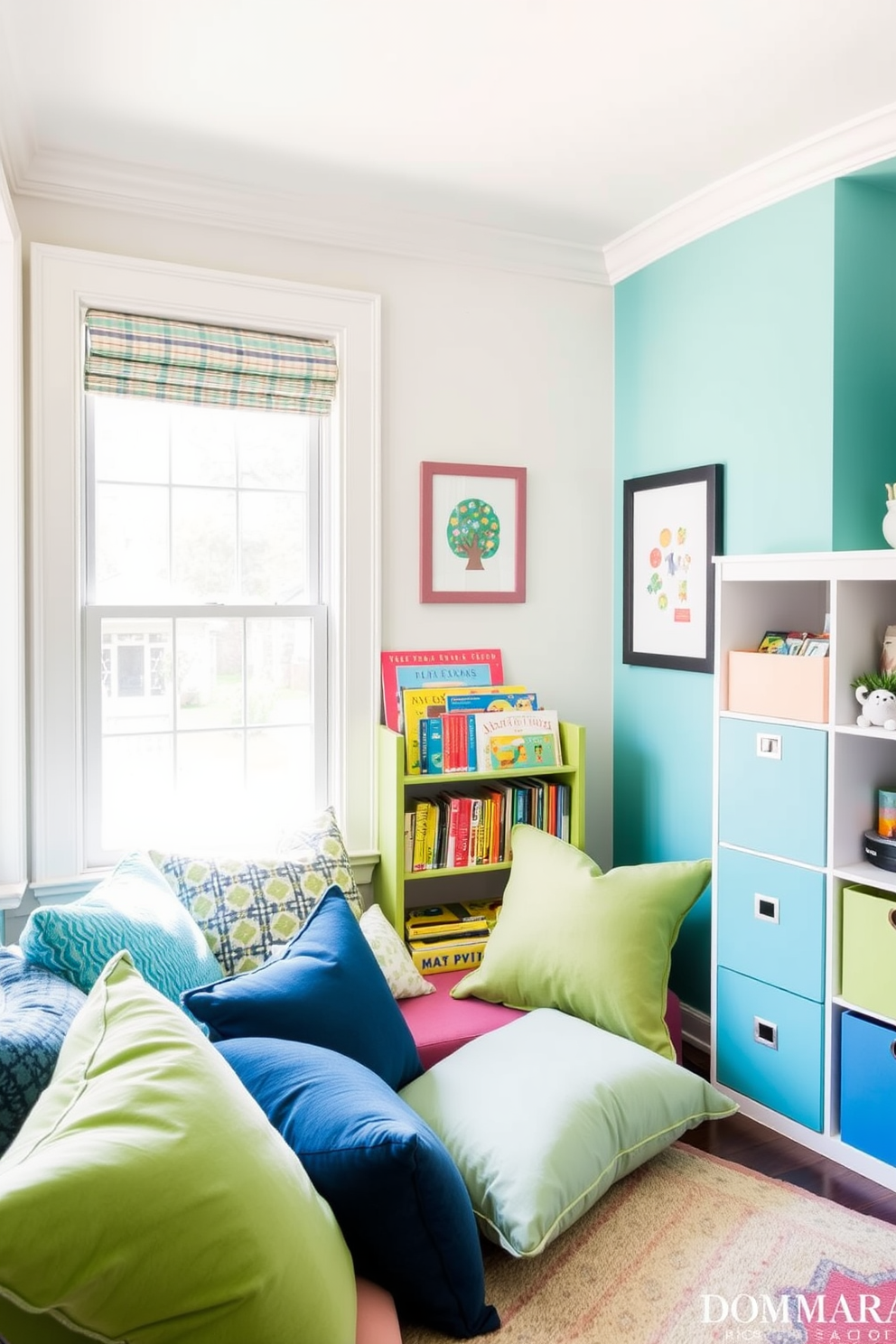 Create a cozy reading nook filled with plush cushions in various shades of blue and green. A large window lets in natural light, and a small bookshelf filled with colorful children's books is nearby. Design a vibrant summer playroom featuring bright wall colors and playful patterns. Incorporate fun storage solutions for toys and a soft area rug where kids can comfortably play.