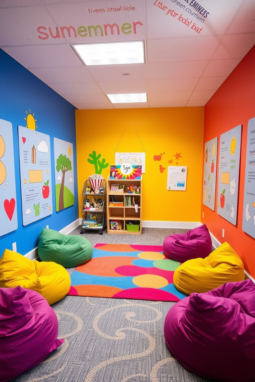 A vibrant summer playroom filled with interactive wall panels designed for learning. The walls are painted in bright colors, featuring educational graphics and playful designs that engage children's curiosity. The room includes a soft, colorful rug in the center, surrounded by bean bags for comfortable seating. A small bookshelf filled with children's books and toys is positioned against one wall, encouraging a love for reading and play.