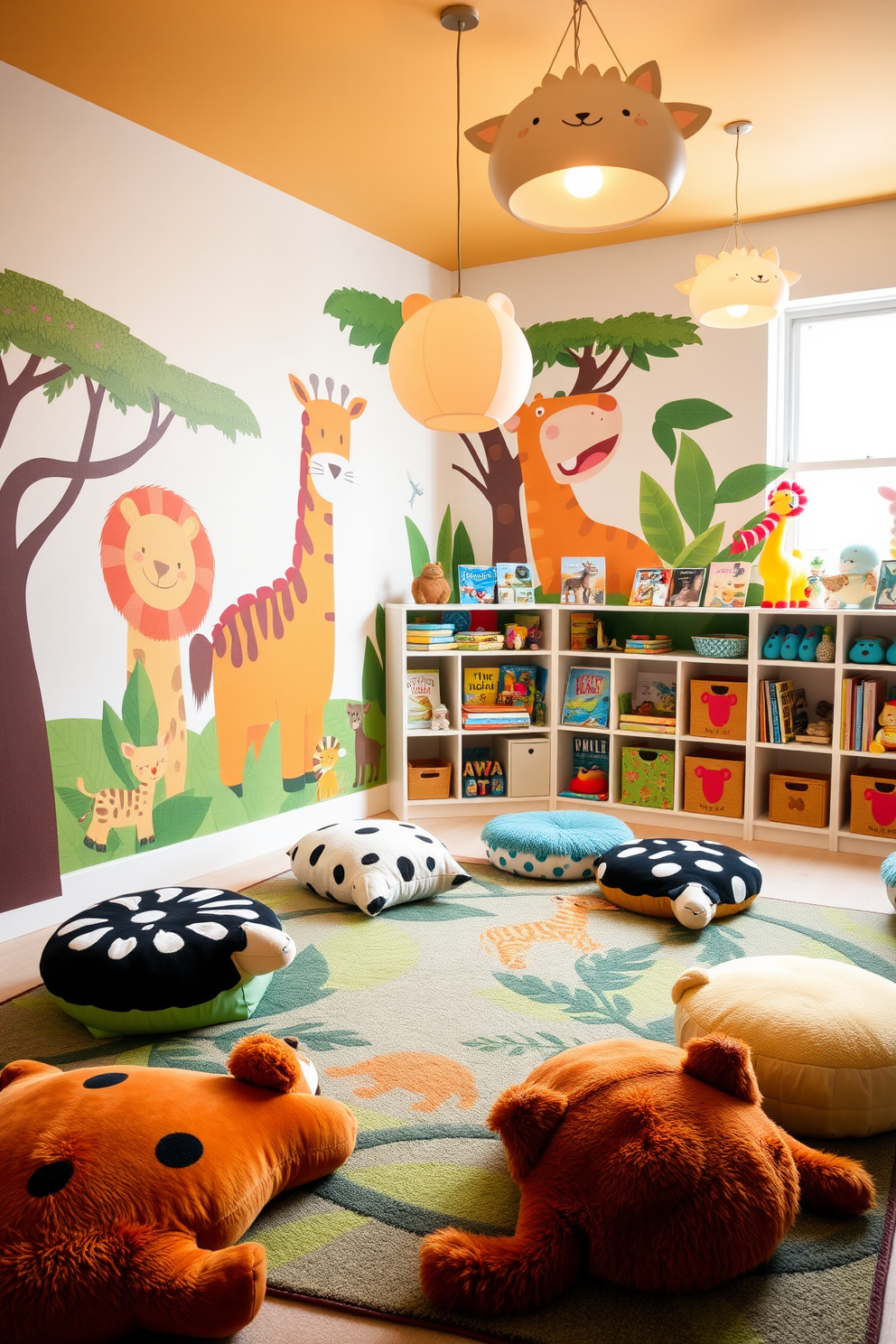 A vibrant playroom filled with playful animal-themed decor. The walls are painted in bright colors with large animal murals, and plush animal cushions are scattered across the floor. A whimsical jungle-themed rug anchors the space, while shelves display books and toys featuring various animals. Soft lighting fixtures shaped like animals hang from the ceiling, creating a cheerful atmosphere.