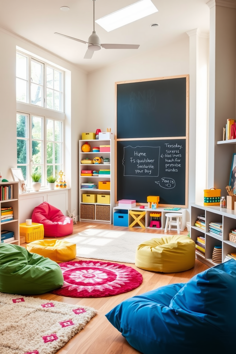 A vibrant summer playroom filled with natural light. The walls are painted in a soft pastel color, and one wall features a large chalkboard for creative expression. Colorful bean bags and plush rugs are scattered across the floor for comfort. Shelves are filled with toys, books, and art supplies, creating an inviting atmosphere for play and learning.