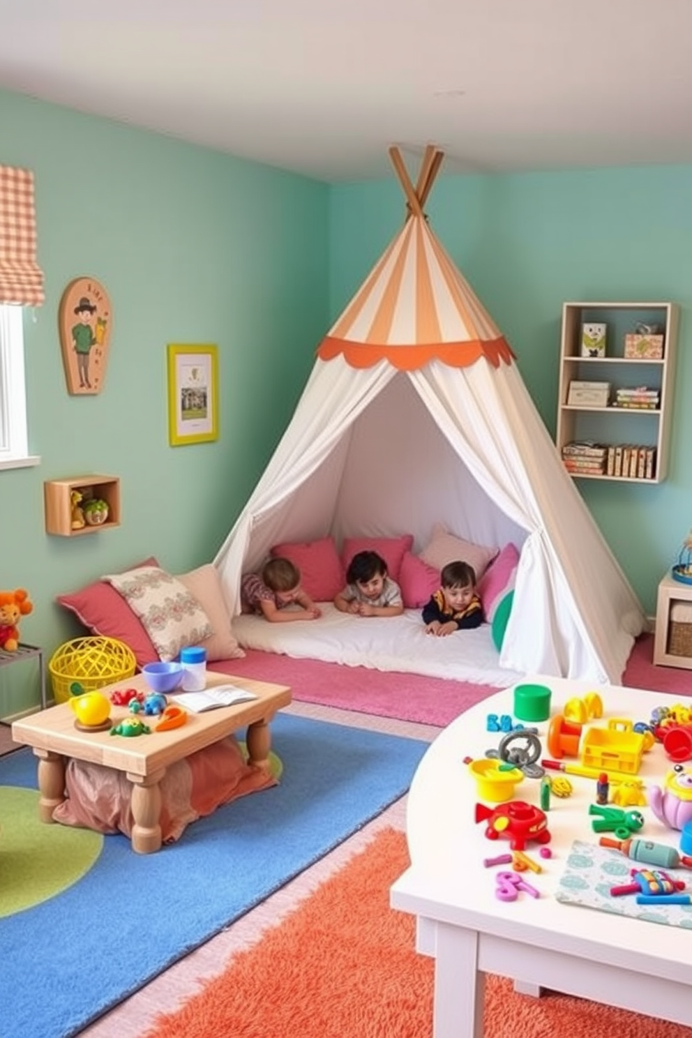 A vibrant sensory play area designed for summer enjoyment. The walls are painted in cheerful pastel colors, and colorful rugs provide a soft surface for play. In one corner, a large tent filled with plush cushions invites children to relax and read. Nearby, a table is adorned with various tactile toys and art supplies for creative exploration.