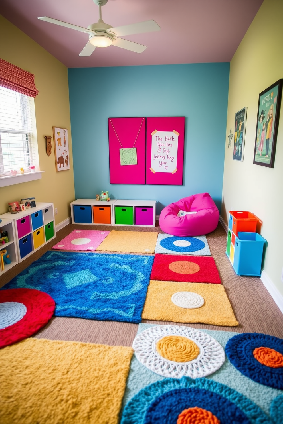 A vibrant playroom filled with colorful area rugs provides a cozy and inviting atmosphere for children. The walls are painted in cheerful pastel colors, and playful artwork adorns the space, creating a fun and lively environment. In one corner, a soft oversized bean bag chair complements the rugs, offering a perfect reading nook. Brightly colored storage bins are scattered throughout, keeping toys organized while adding to the playful decor.