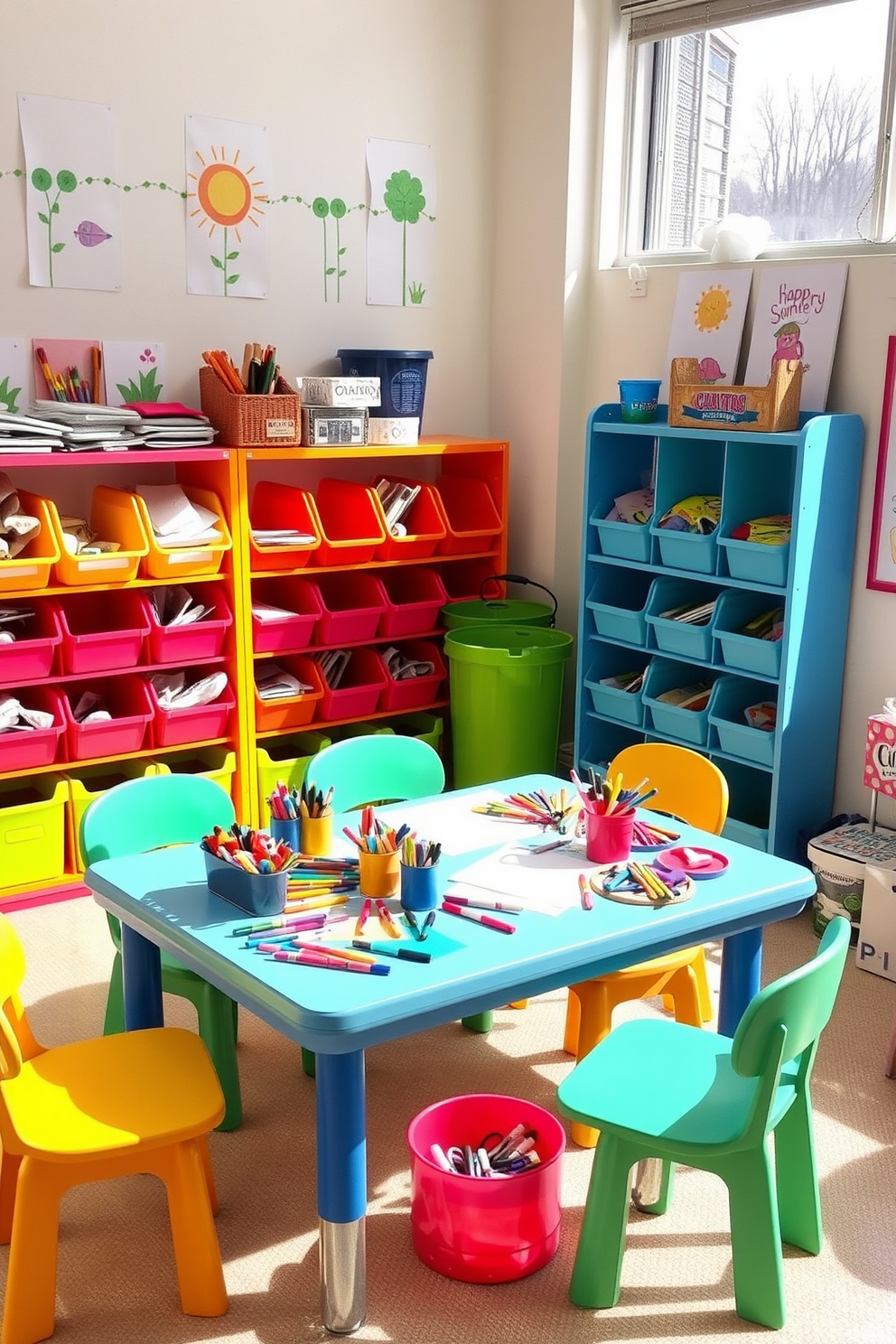 A vibrant craft station is set up in a sunny corner of the playroom. The table is covered with colorful art supplies, including markers, paints, and paper, inviting creativity and exploration. Brightly colored shelves are filled with bins of craft materials, organized by type for easy access. The walls are adorned with cheerful summer-themed artwork, creating an inspiring and playful atmosphere.