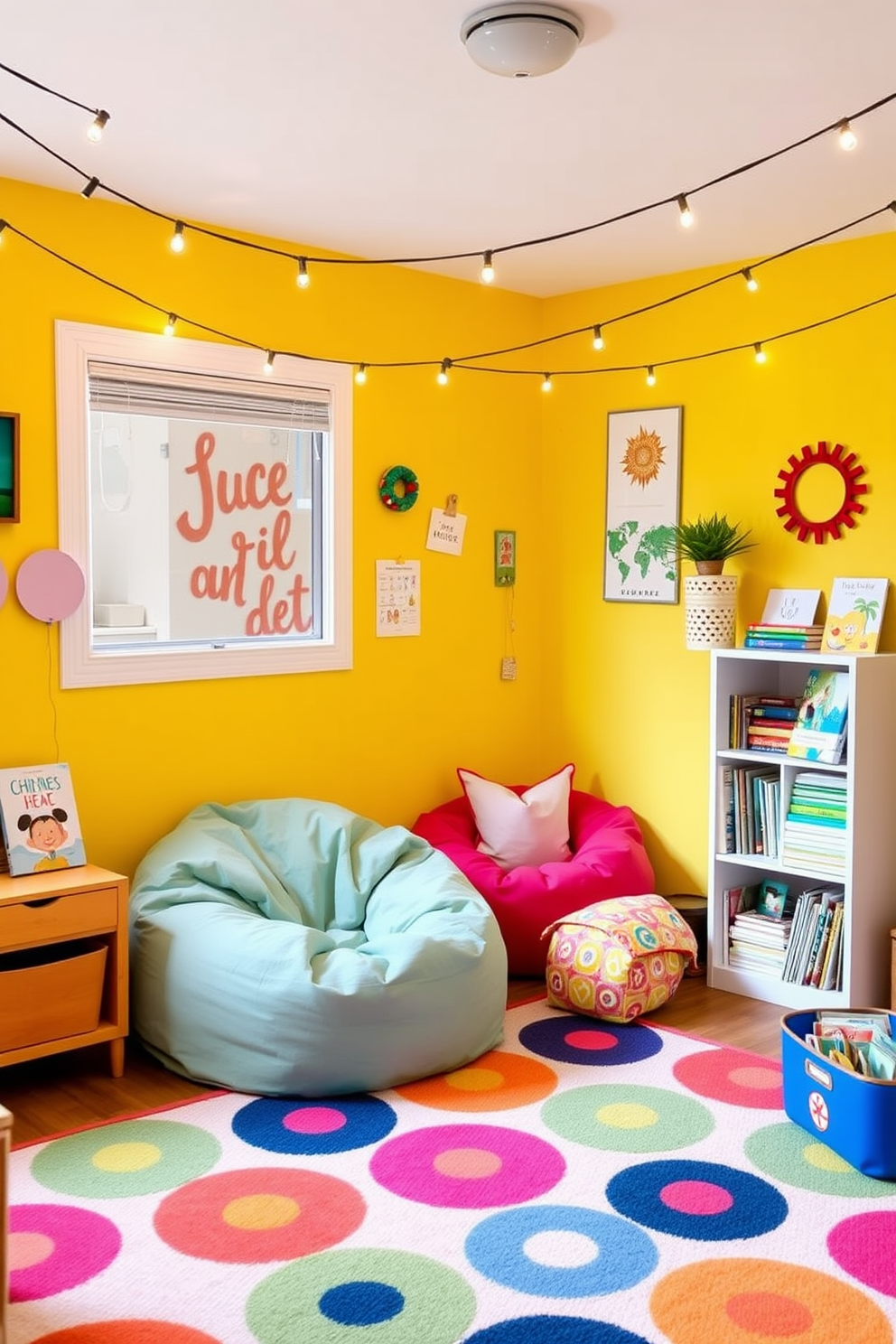 Create a vibrant summer playroom filled with playful decor and bright colors. The walls are painted in a cheerful yellow, and the floor is covered with a soft, colorful rug. In one corner, a cozy reading nook features oversized bean bags and a small bookshelf filled with children's books. Hang up string lights across the ceiling to create a warm and inviting atmosphere.