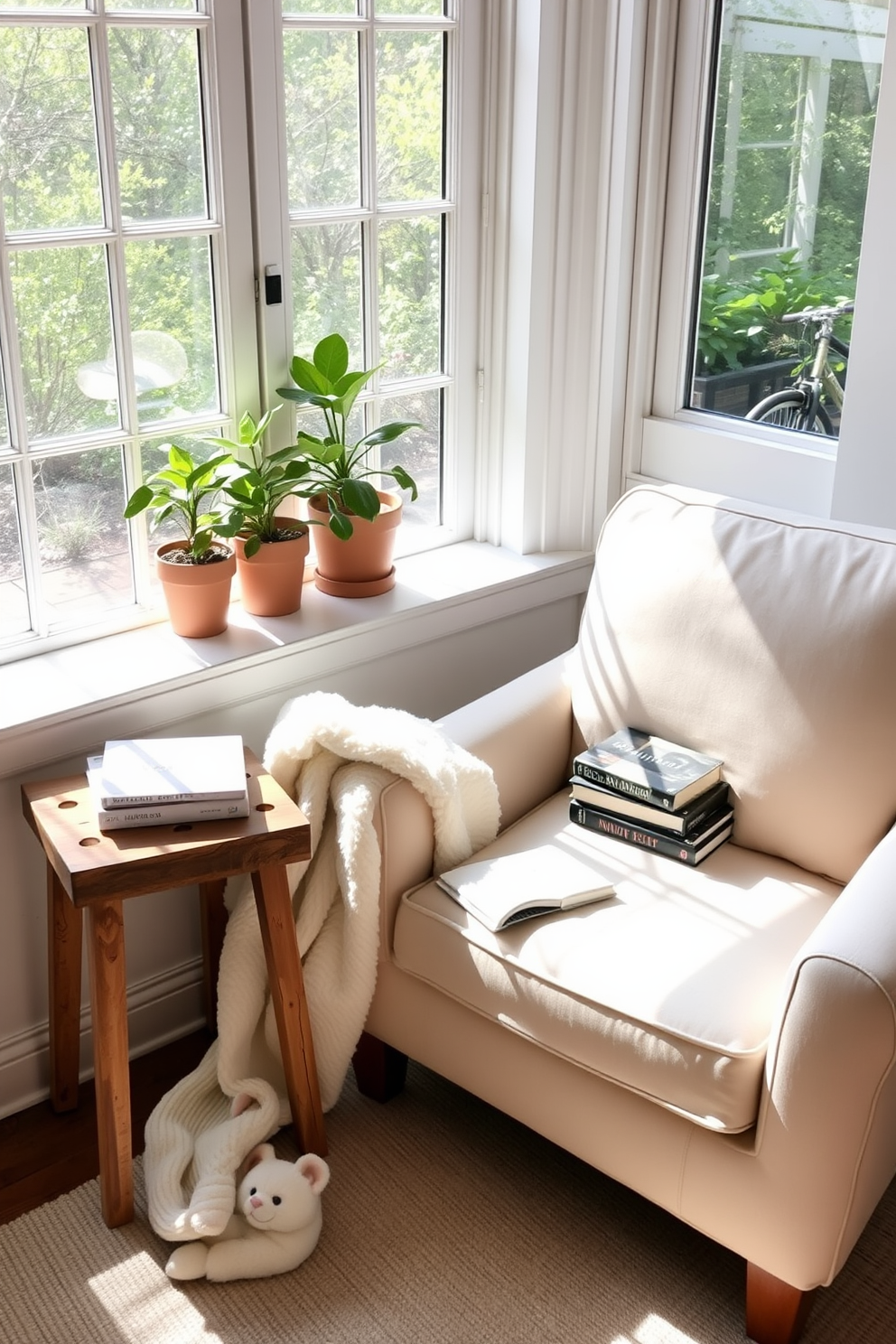 Cozy armchair positioned near a large window allowing natural light to flood the space. The armchair is upholstered in a soft fabric with a light pastel color, complemented by a plush throw blanket draped over one side. A small side table made of reclaimed wood sits next to the armchair, adorned with a stack of books and a steaming cup of tea. Potted greenery is placed on the windowsill, enhancing the serene atmosphere of the summer reading nook.