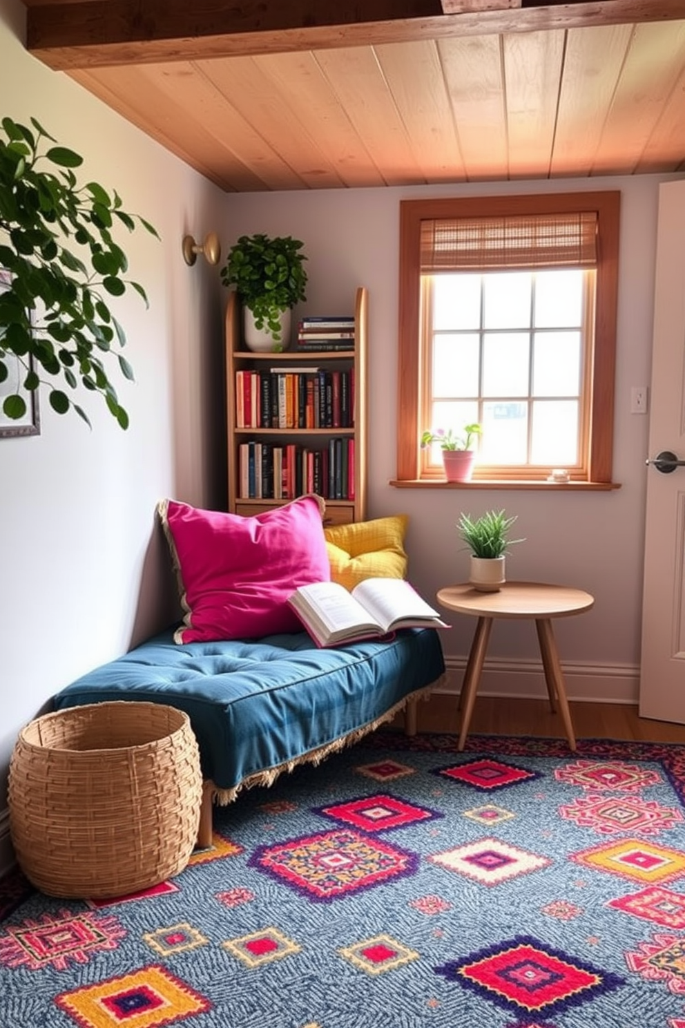 A cozy summer reading nook featuring a colorful area rug that defines the space. The nook is adorned with plush cushions in vibrant hues and a small bookshelf filled with an array of books.