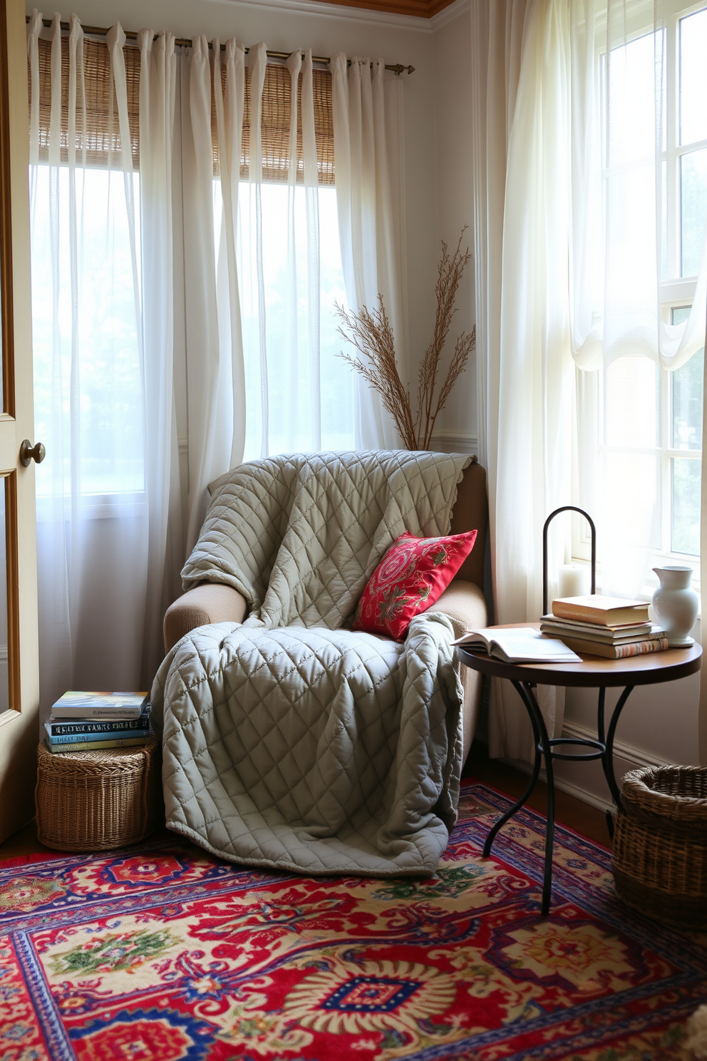 A cozy summer reading nook is adorned with a plush quilted blanket draped over a comfortable armchair. Soft natural light filters through sheer curtains, creating an inviting atmosphere perfect for enjoying a good book. The nook features a small side table with a stack of novels and a steaming cup of tea. A vibrant area rug anchors the space, adding warmth and texture to the overall design.