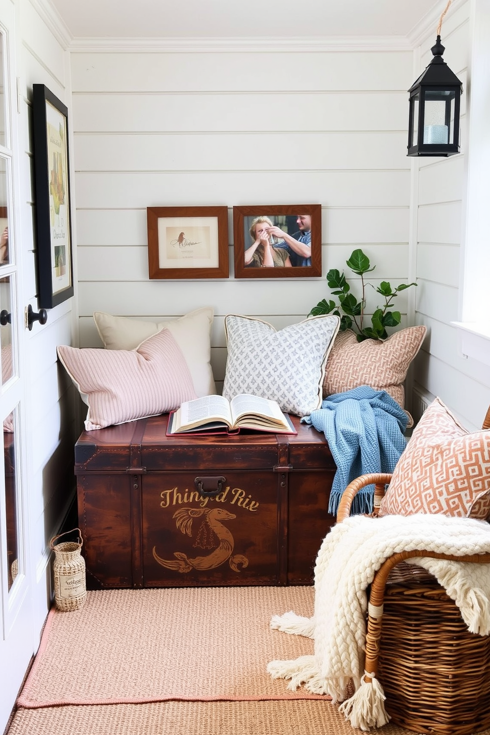 A cozy summer reading nook featuring a vintage trunk for extra storage. The nook is adorned with soft cushions and a plush throw blanket, creating an inviting space to relax with a good book.