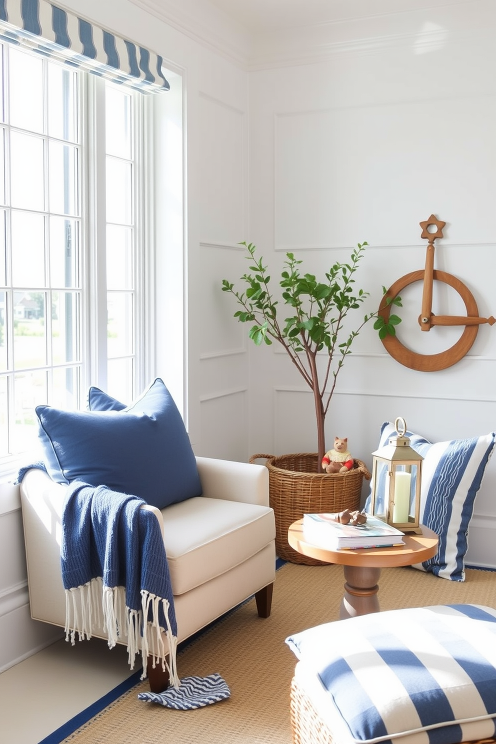 A cozy summer reading nook with a nautical theme. The walls are painted in soft white, and blue accents are incorporated through cushions and throws. A comfortable armchair is positioned near a large window, allowing natural light to flood the space. A small, round side table holds a stack of books and a decorative lantern, enhancing the maritime ambiance.