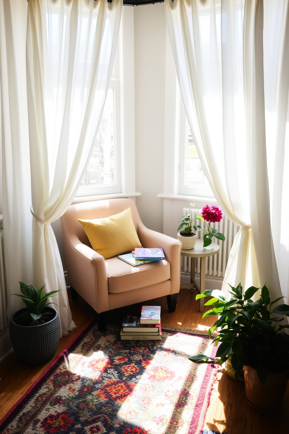 A cozy reading nook nestled in a sunny alcove. The space features a plush armchair upholstered in soft fabric, paired with a small side table holding a stack of books and a steaming cup of tea. Bright, sheer curtains frame the alcove, allowing natural light to flood in and create an inviting atmosphere. A colorful area rug adds warmth underfoot, while potted plants bring a touch of greenery to the serene setting.