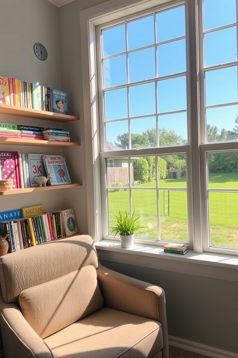 A cozy summer reading nook features wall-mounted shelves that display an array of colorful books and decorative items. A comfortable armchair is placed beneath a large window, allowing natural light to fill the space and create an inviting atmosphere.