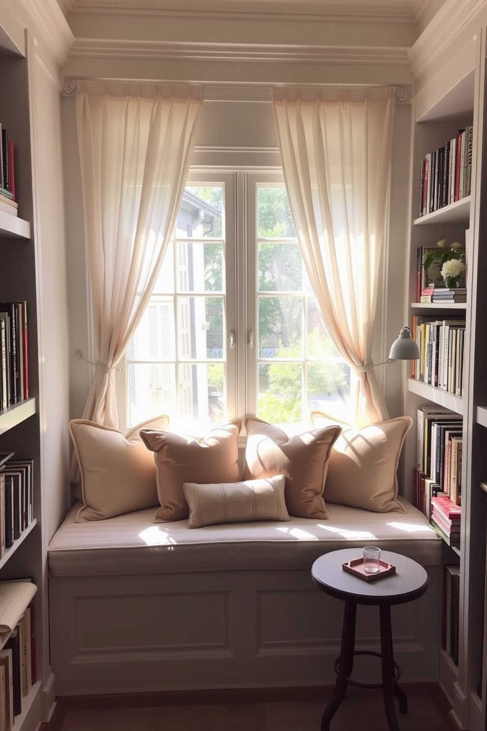 A cozy window seat is adorned with plush cushions in soft pastel colors. Sunlight filters through sheer curtains, creating a warm and inviting atmosphere perfect for summer reading. Surround the window seat with bookshelves filled with your favorite novels and decorative items. Add a small side table for holding drinks and snacks, enhancing the overall comfort of the nook.