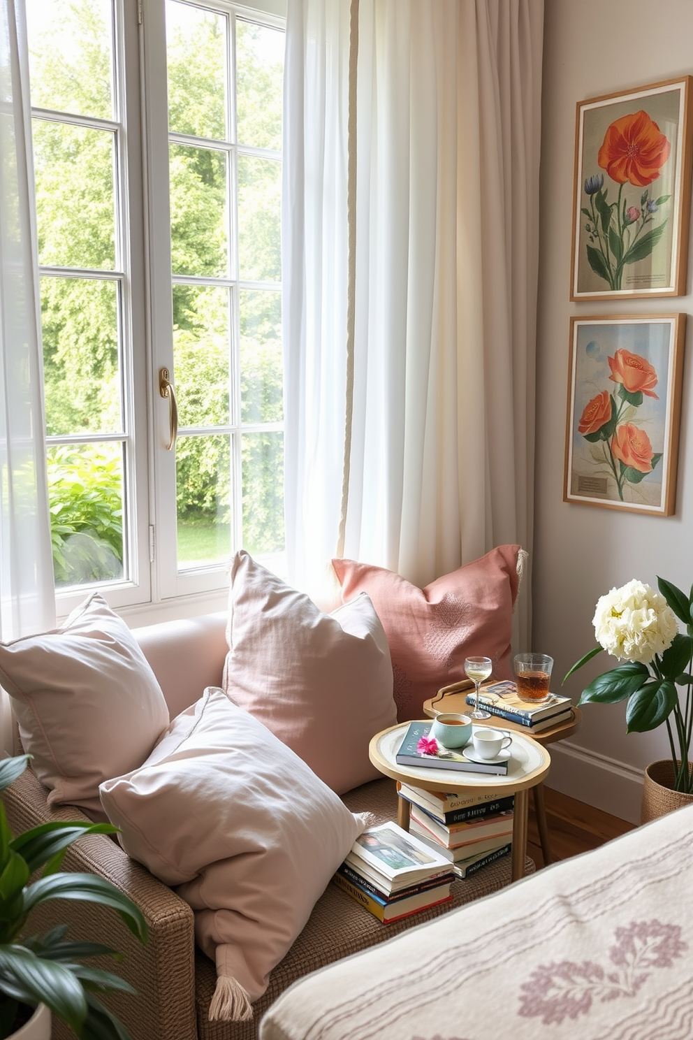 A cozy summer reading nook filled with natural light. Plush cushions in soft pastel colors are scattered on a comfortable armchair next to a small side table stacked with books and a steaming cup of tea. The walls are adorned with vibrant art prints that inspire creativity and joy. A large window draped with sheer curtains offers a view of a lush garden, enhancing the tranquil atmosphere of the space.