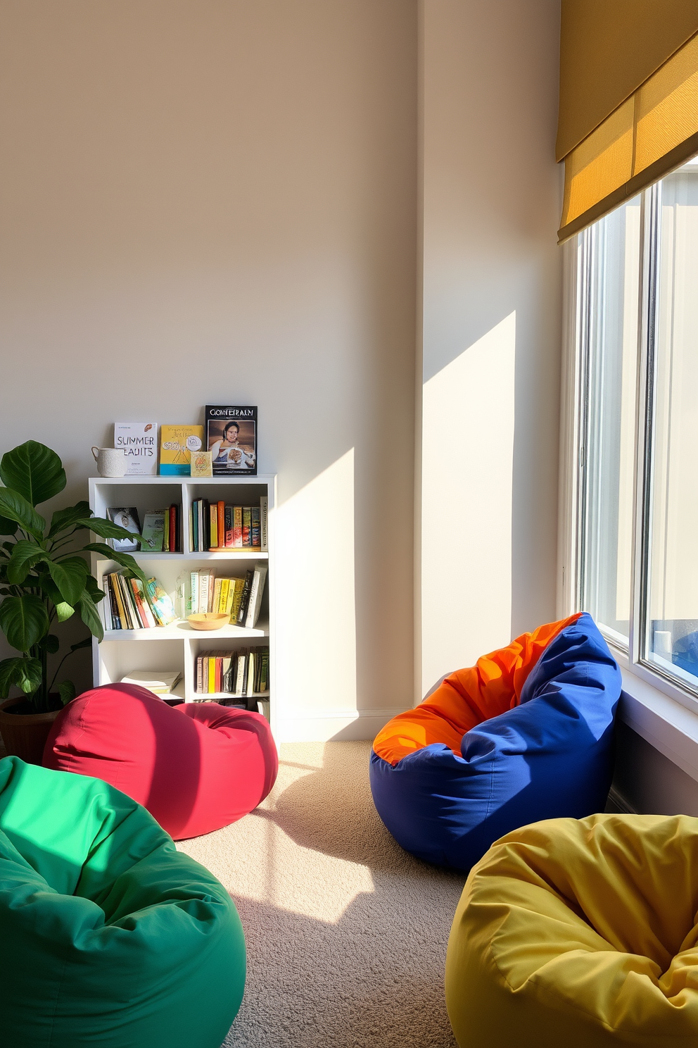 A cozy corner with colorful bean bags invites relaxation and comfort. Sunlight streams in through a large window, illuminating a small bookshelf filled with summer reading favorites.