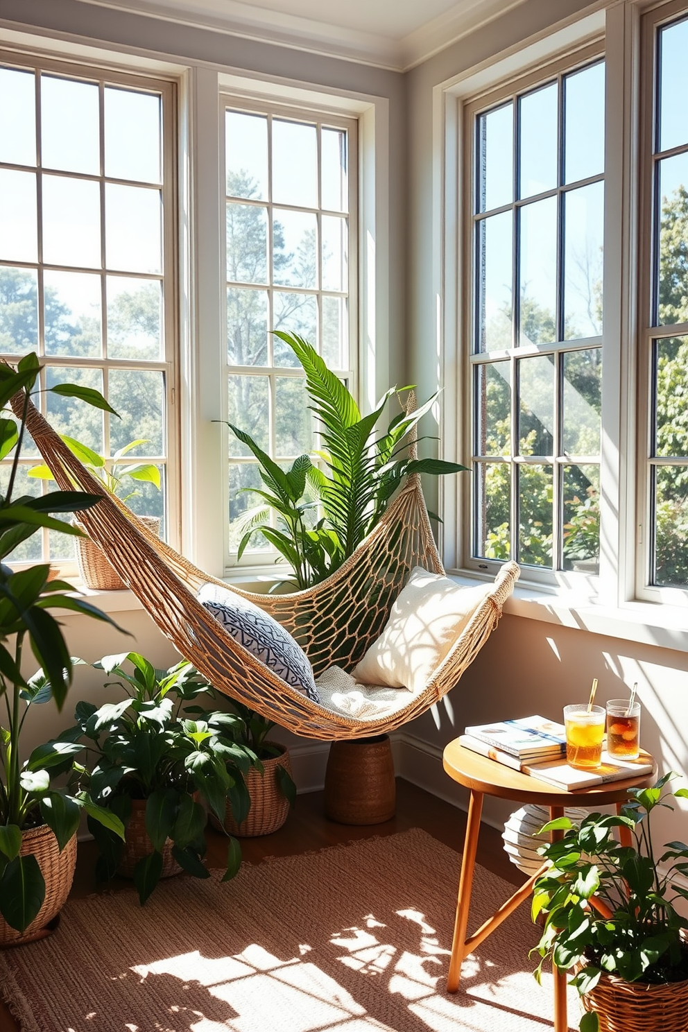 A cozy summer reading nook bathed in sunlight. A comfortable hammock is suspended in the corner, surrounded by lush indoor plants and soft cushions. Natural light streams through large windows, creating a warm and inviting atmosphere. A small side table holds a stack of books and a refreshing drink, completing the serene setting.