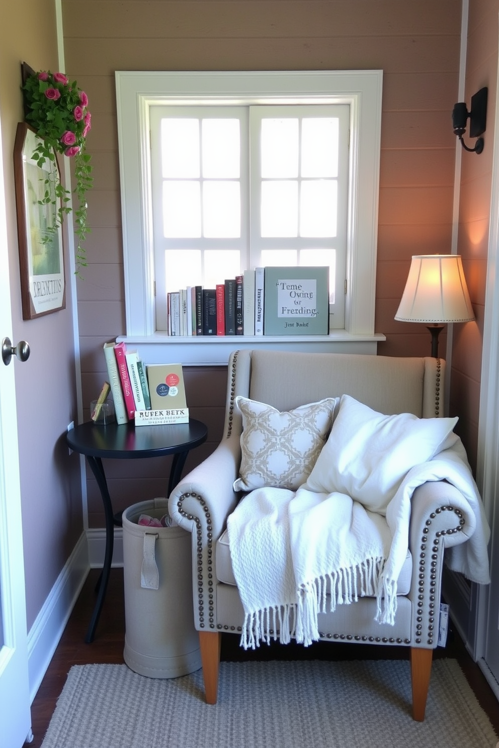 A cozy summer reading nook featuring personalized bookends that reflect the owner's style. The nook is adorned with a comfortable armchair, a small side table, and a soft throw blanket draped over the chair.