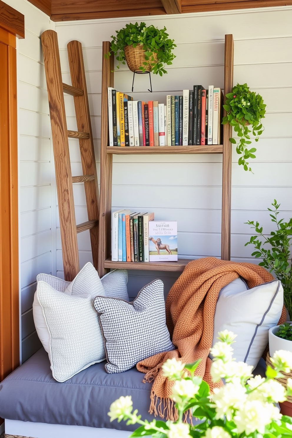 A cozy summer reading nook featuring a ladder bookshelf made of reclaimed wood. The nook is adorned with soft cushions and a warm throw blanket, creating an inviting atmosphere for relaxation.