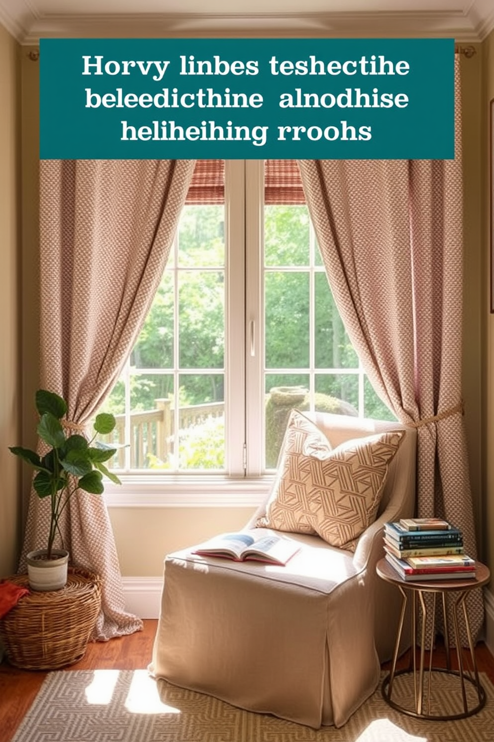 A cozy summer reading nook is designed with curtains that block out distractions. The space features a comfortable armchair, a small side table for books, and soft lighting to create a relaxing atmosphere.