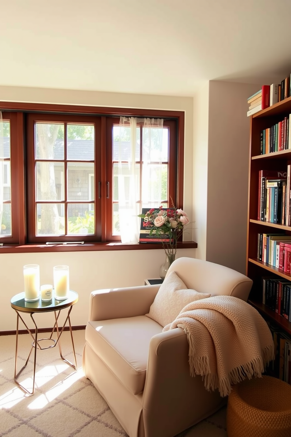 A cozy summer reading nook filled with natural light. A plush armchair in soft pastel fabric is positioned next to a small side table adorned with a collection of scented candles. A large window with sheer curtains allows gentle sunlight to filter in. A bookshelf filled with colorful novels lines the wall, while a soft throw blanket drapes over the armchair inviting relaxation.