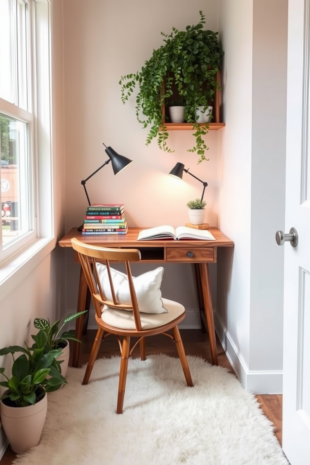 A cozy summer reading nook features a small wooden desk positioned by a window, allowing natural light to flood the space. The desk is adorned with a stylish lamp, a stack of colorful books, and a comfortable chair with soft cushions. Surrounding the nook, light pastel-colored walls create a serene atmosphere, complemented by a plush area rug beneath the desk. A few potted plants add a touch of greenery, enhancing the inviting ambiance perfect for leisurely reading.