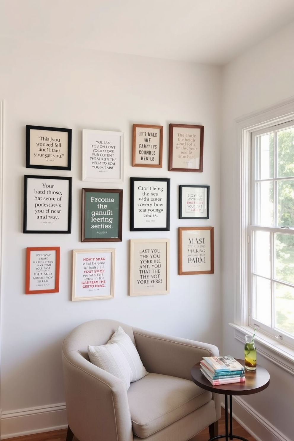 A gallery wall featuring a curated collection of favorite quotes in various frame styles and sizes. The wall is painted in a soft white color to enhance the vibrancy of the artwork, creating an inspiring focal point in the room. A cozy summer reading nook with a plush armchair positioned by a large window. Soft, natural light floods the space, complemented by a small side table holding a stack of books and a refreshing drink.