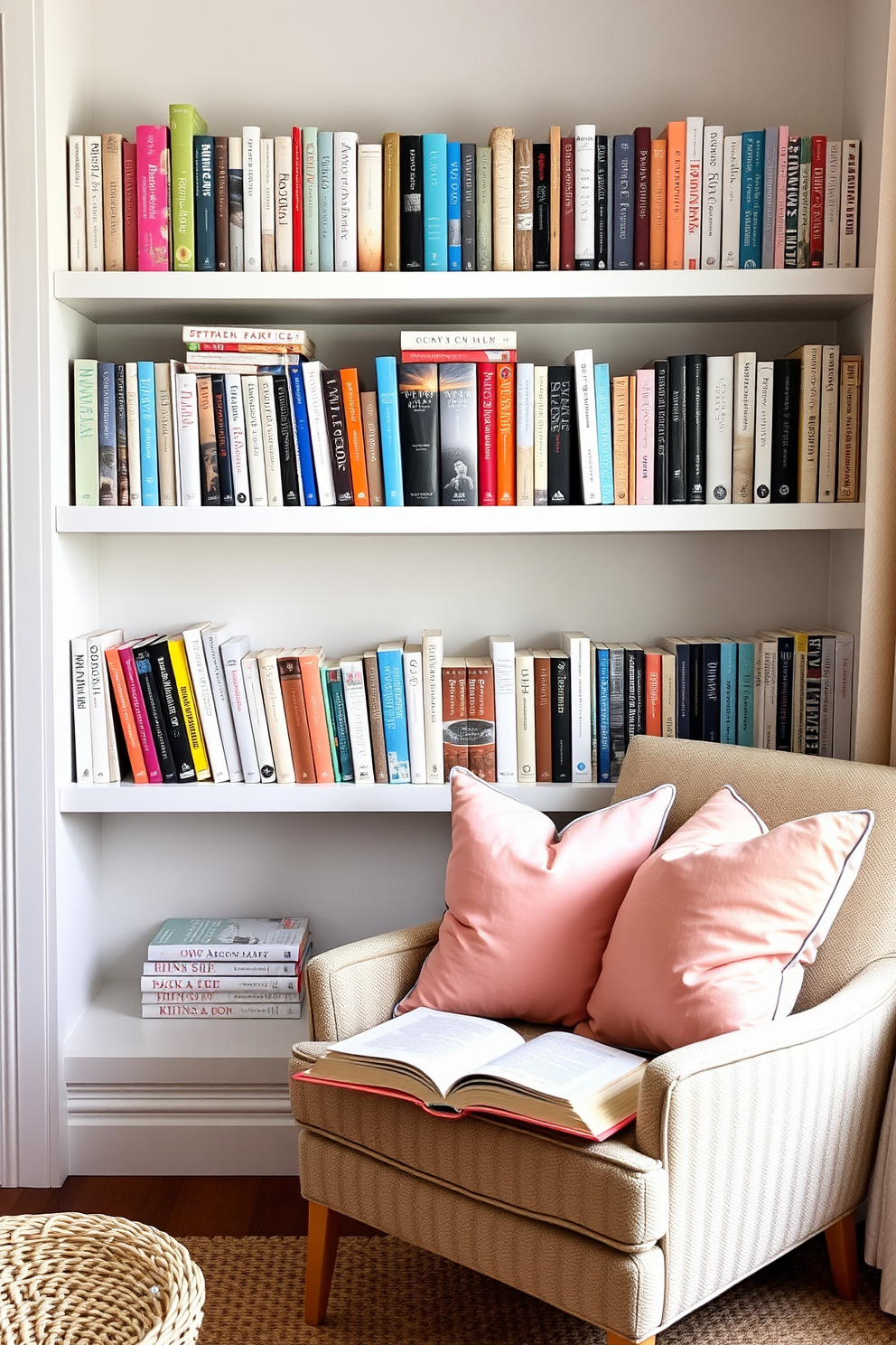 A cozy summer reading nook features a color-coordinated book collection displayed on sleek floating shelves. Plush cushions in soft pastel hues are arranged on a comfortable armchair, inviting relaxation and enjoyment of a good book.