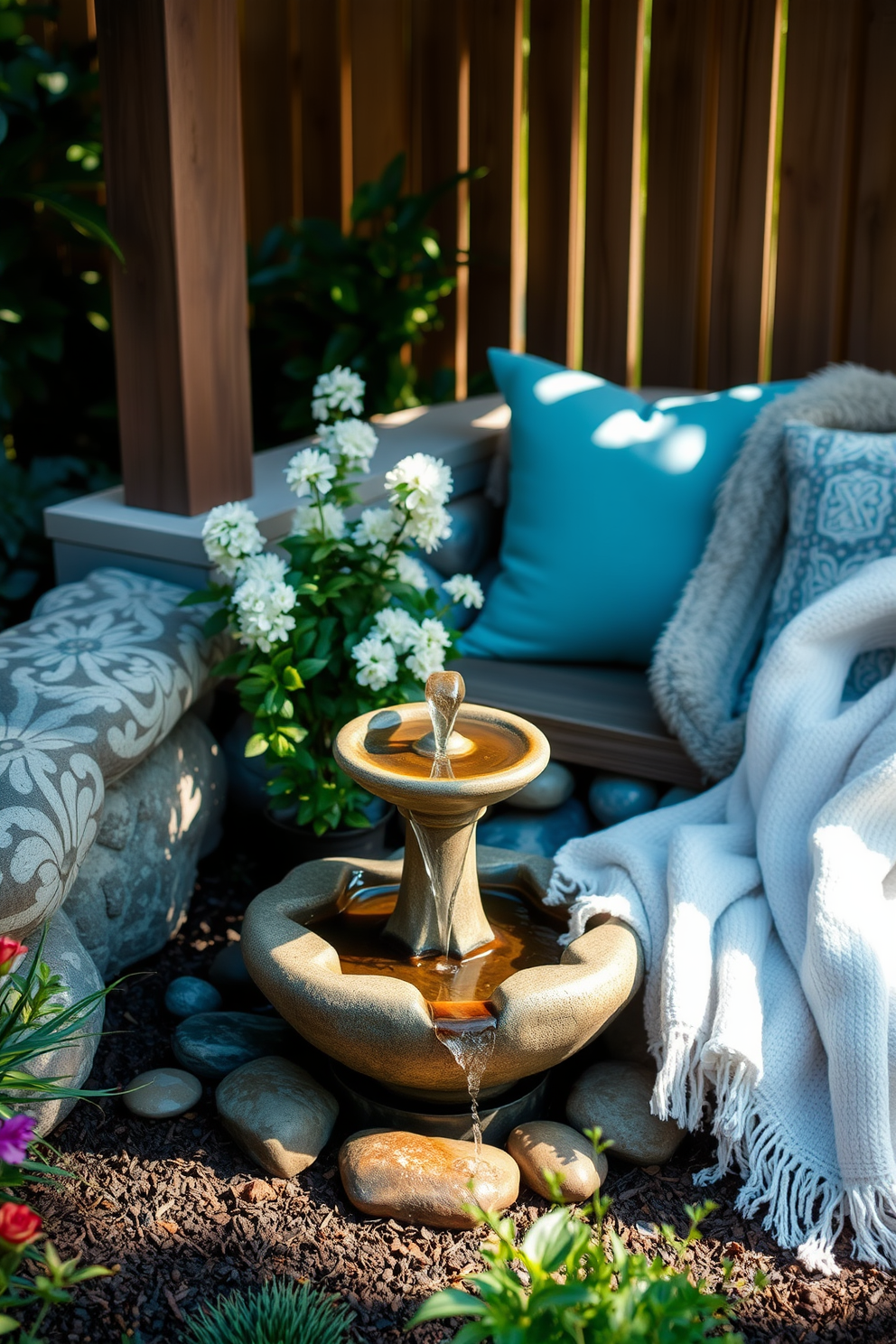 A charming small fountain nestled in a serene garden setting. The gentle sound of water cascading over smooth stones creates a calming atmosphere. A cozy summer reading nook bathed in natural light. Plush cushions and a soft throw blanket invite you to relax with your favorite book.