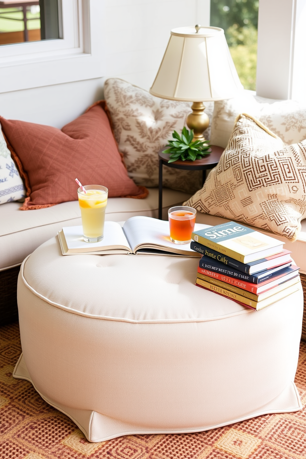 A cozy summer reading nook features a soft ottoman in a light fabric that provides comfortable leg support. Surrounding the ottoman are plush cushions and a small side table holding a refreshing drink and a stack of books.