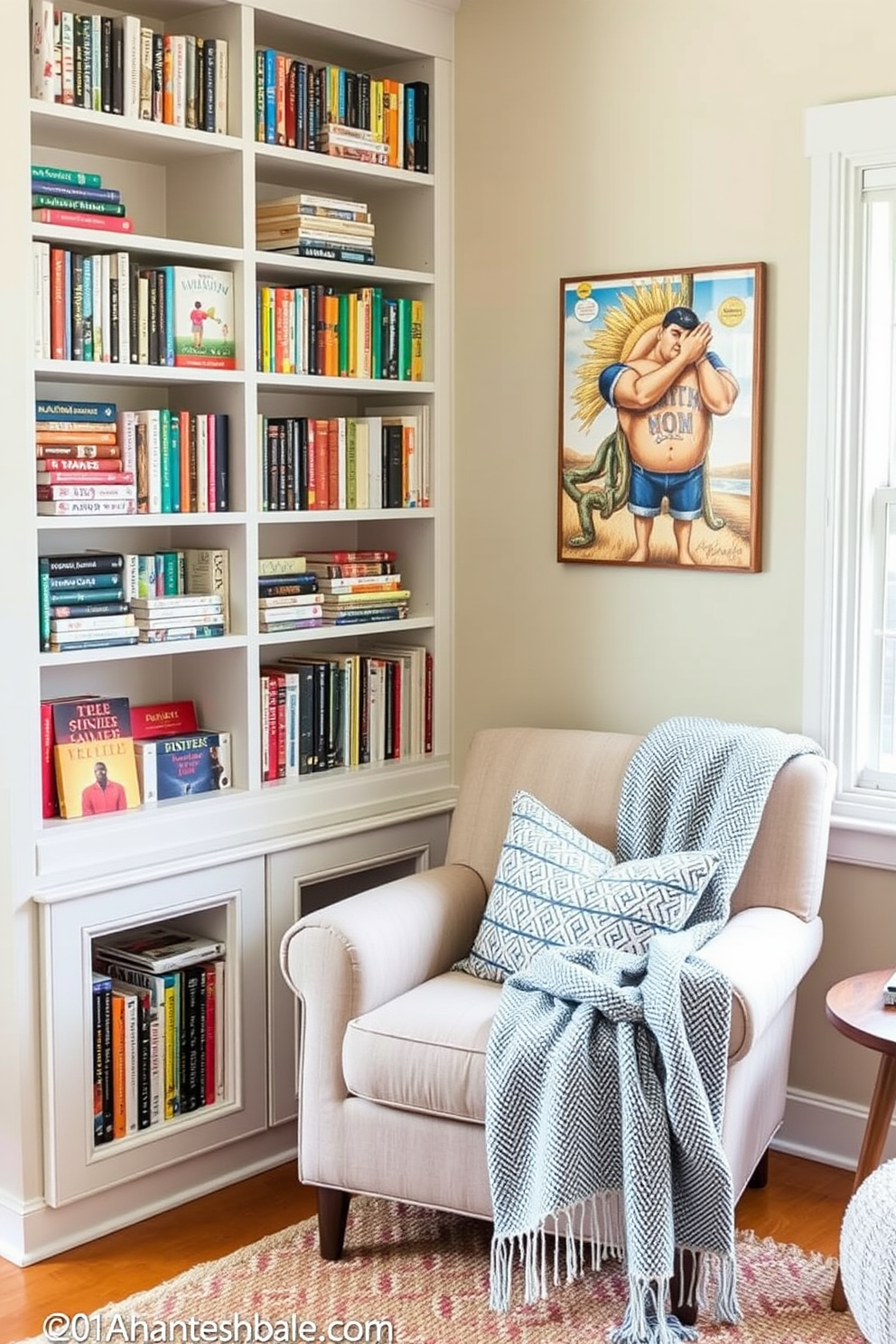 A cozy summer reading nook featuring built-in bookshelves along the wall filled with an array of colorful books. A comfortable armchair sits in the corner, adorned with plush cushions and a soft throw blanket, inviting relaxation and enjoyment of summer reads.