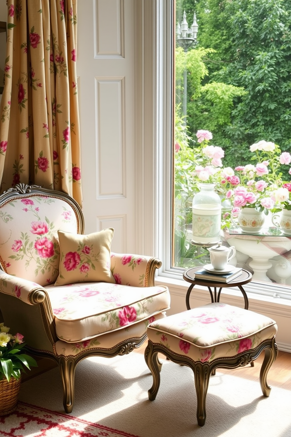 A cozy summer reading nook features a vintage armchair upholstered in soft floral fabric paired with a matching footrest. A small side table holds a stack of books and a steaming cup of tea, while a large window lets in natural light and offers a view of blooming garden flowers.