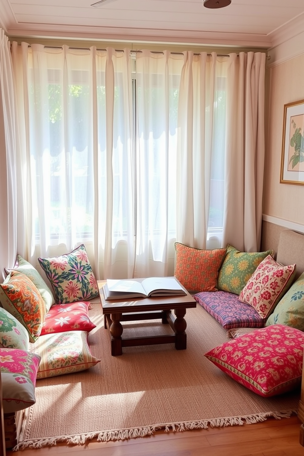 A cozy summer reading nook featuring vibrant floor cushions in various patterns and colors arranged around a low wooden table. Soft natural light filters through sheer curtains, creating a warm and inviting atmosphere perfect for leisurely reading.