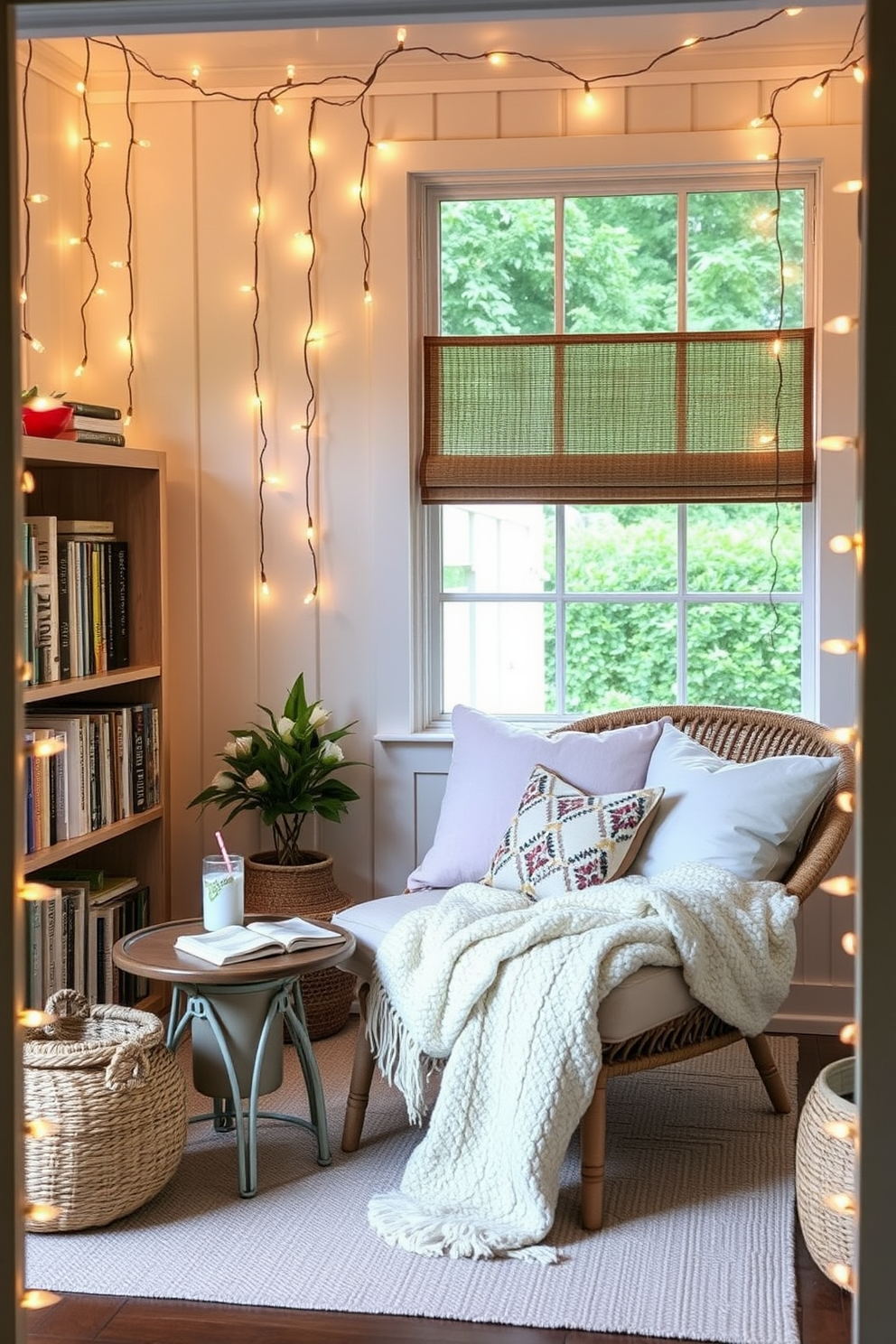 Create a cozy summer reading nook that features a comfortable oversized chair with soft cushions and a small side table for holding drinks and snacks. Surround the space with hanging fairy lights to create a warm and inviting ambiance, enhancing the overall relaxation of the nook. Incorporate a bookshelf filled with a variety of books, and add a plush throw blanket draped over the chair for added comfort. Use light, airy colors for the decor to evoke a sense of tranquility and summer freshness.