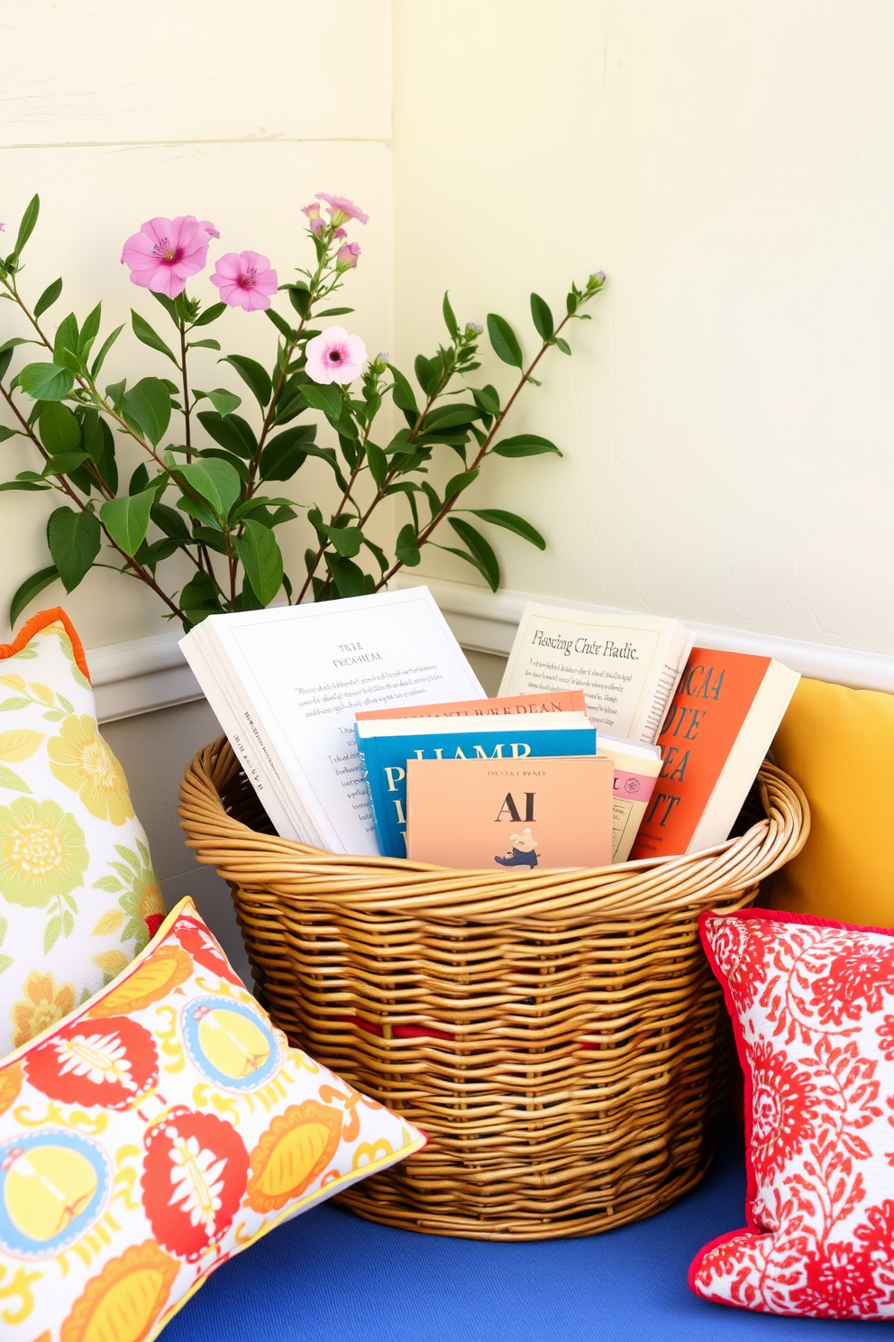 A cozy summer reading nook features a woven basket filled with books, inviting relaxation and enjoyment. Soft cushions in vibrant colors are placed around the nook, enhancing the warm and inviting atmosphere.