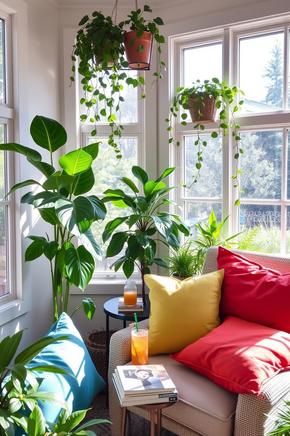 A cozy summer reading nook is filled with natural light streaming through large windows. Plush cushions in vibrant colors are scattered across a comfortable armchair next to a small side table holding a stack of books and a refreshing drink. Indoor plants are strategically placed around the nook to create a refreshing touch. A tall leafy plant stands in one corner while trailing vines cascade from a shelf above, adding life and color to the space.