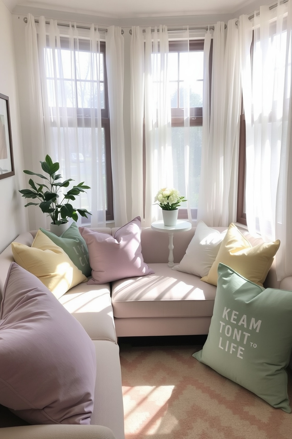 A cozy small living room adorned with pastel throw pillows in shades of lavender, mint green, and soft yellow. The light, airy atmosphere is enhanced by sheer curtains that allow natural light to flood the space, creating a welcoming and cheerful environment.