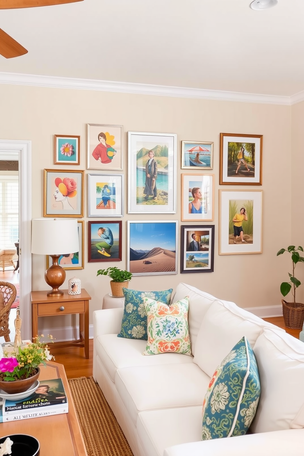 A cozy summer living room featuring a gallery wall adorned with a mix of vibrant art pieces and framed photographs. The walls are painted in a soft beige, complementing the light wood furniture and a plush white sofa adorned with colorful throw pillows.