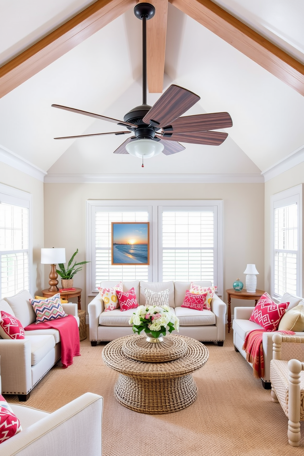 A cozy summer living room features a statement ceiling fan with elegant wooden blades that enhance the airy atmosphere. The space is adorned with light-colored furniture, including a plush sofa and a woven coffee table, complemented by vibrant throw pillows and a soft area rug.