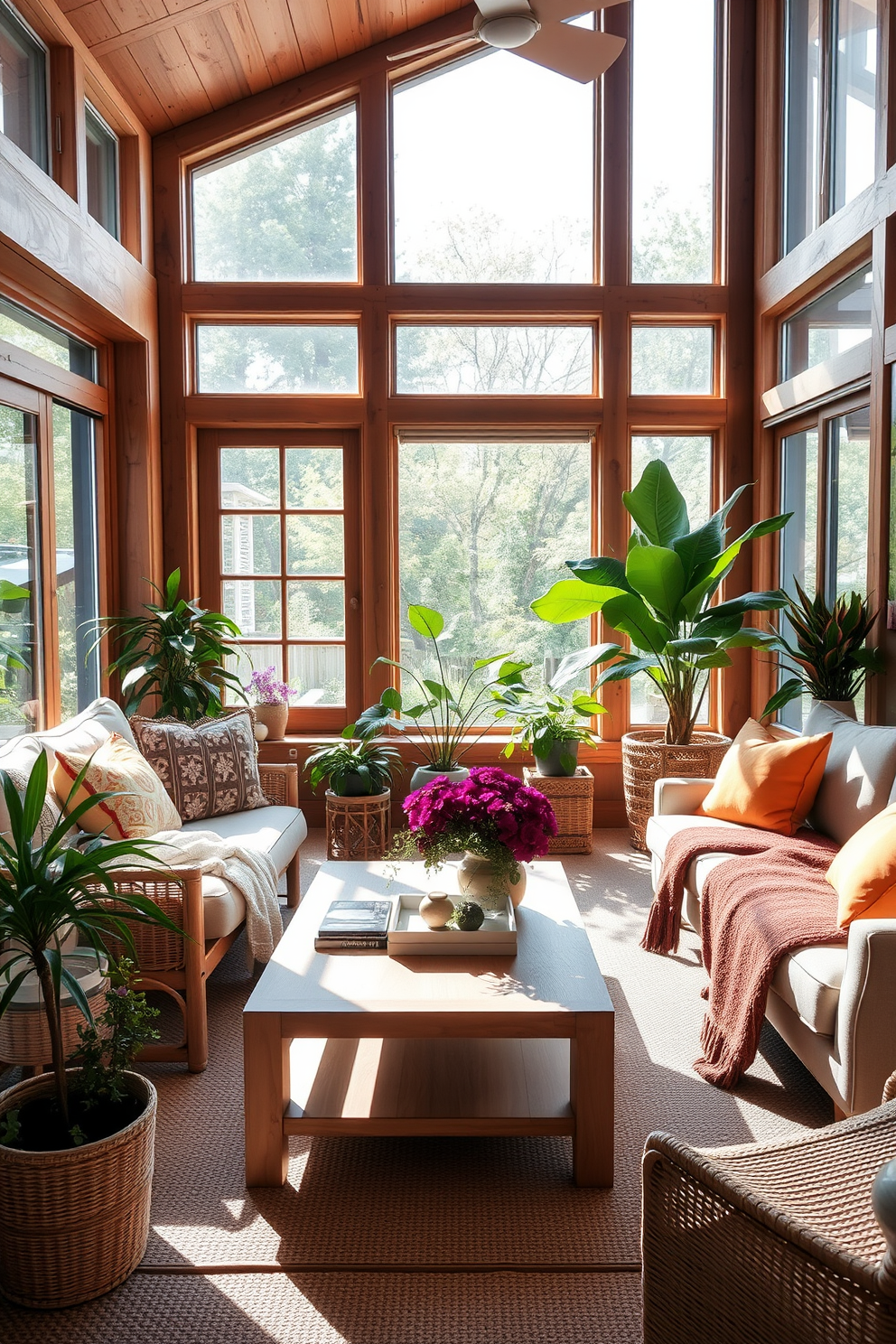 A cozy summer small living room filled with natural wood elements. The space features a light wooden coffee table surrounded by soft, neutral-toned seating and vibrant throw pillows. Large windows allow natural light to flood the room, highlighting the warm wood accents. Potted plants are strategically placed to enhance the fresh, inviting atmosphere.