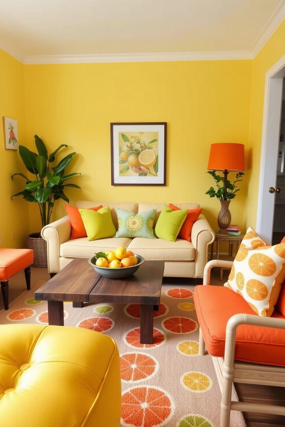 A bright and cheerful small living room filled with citrus colors. The walls are painted a soft lemon yellow, while the furniture features accents of lime green and tangerine orange. A cozy sofa adorned with vibrant throw pillows sits in the center, complemented by a cheerful area rug with a fruit pattern. A coffee table made of reclaimed wood holds a bowl of fresh citrus fruits, adding a refreshing touch to the space.