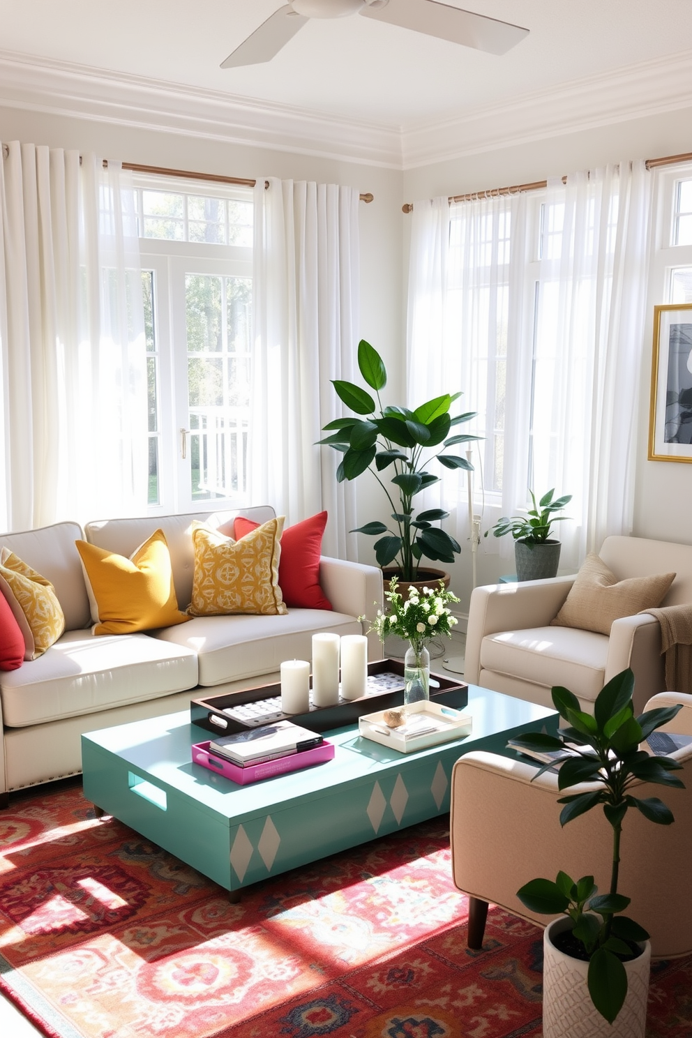 A bright and airy small living room adorned with decorative trays for organization. The space features a light-colored sofa paired with vibrant throw pillows and a stylish coffee table showcasing a collection of decorative trays filled with books and candles. Natural light floods the room through sheer curtains, highlighting a cozy reading nook with a plush armchair. A colorful area rug anchors the seating area, while potted plants add a touch of greenery and freshness to the decor.