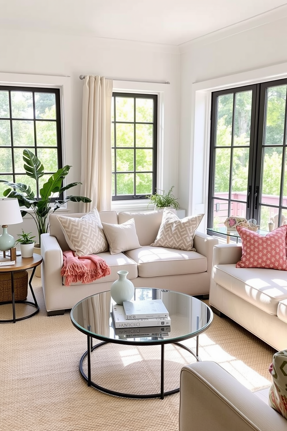 A cozy summer living room adorned with soft pastel colors and light fabrics. A comfortable sofa is complemented by a set of colorful throw pillows, while a small indoor plant sits gracefully on a side table, adding a touch of greenery to the space. Natural light floods the room through large windows, enhancing the airy atmosphere. A stylish coffee table in the center holds a few decorative books and a delicate vase, creating a welcoming and relaxed environment.