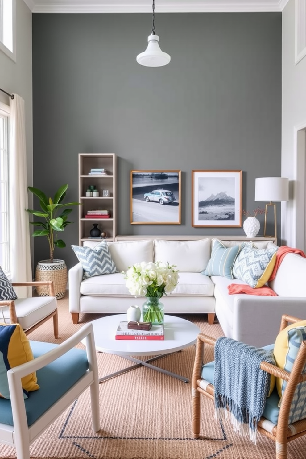 Choose lightweight furniture for flexibility in a summer small living room. Incorporate a light-colored sofa paired with a minimalist coffee table to create an airy atmosphere. Add a few accent chairs that can be easily moved around to accommodate gatherings. Use bright, cheerful accessories like cushions and throws to enhance the seasonal vibe.